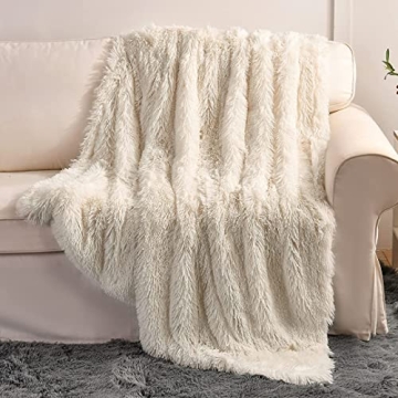 YUSOKI Cream White Faux Fur Throw Blanket - Cozy Plush, 2 Layers, 50" x 60" Fluffy Furry Warm Blanke...