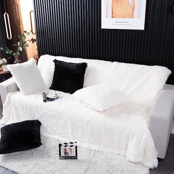 YUSOKI Cream White Faux Fur Throw Blanket - Cozy Plush Luxury