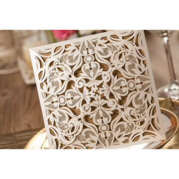 Jofanza 6.3 x 6.3 Inch 50PCS Ivory Wedding Invitations Cards with Envelopes Laser Cut Lace Flower Pa...