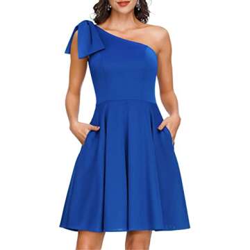 JASAMBAC Women's Bow One Shoulder Dress with Pockets A-line Cocktail Party Dress
