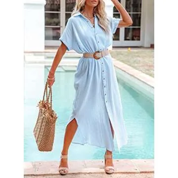 Dokotoo Swimsuit Bathing Suit Cover Up for Women Swimwear 2025 Fashion Summer Dresses Button Down Long Kimonos Cardigan Vacation Beach Short Sleeve Side Split Casual Solid Loose Coverups Sky Blue M
