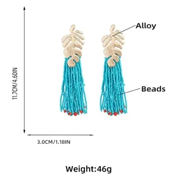 Palm Leaf Tassel Earrings, Monstera Leaf Dangle Earrings for Women, Bohemian Beaded Leaf Fringe Earrings, Tropical Plant Leaf Stud Earrings Leaf Boho Jewelry, Zinc, no