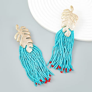 Palm Leaf Tassel Earrings, Monstera Leaf Dangle Earrings for Women, Bohemian Beaded Leaf Fringe Earrings, Tropical Plant Leaf Stud Earrings Leaf Boho Jewelry, Zinc, no