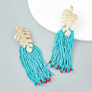Palm Leaf Tassel Earrings, Monstera Leaf Dangle Earrings for Women, Bohemian Beaded Leaf Fringe Earrings, Tropical Plant Leaf Stud Earrings Leaf Boho Jewelry, Zinc, no