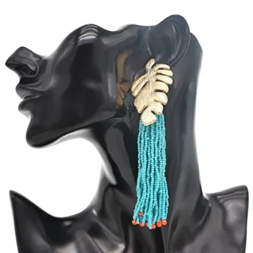 Palm Leaf Tassel Earrings, Monstera Leaf Dangle Earrings for Women, Bohemian Beaded Leaf Fringe Earrings, Tropical Plant Leaf Stud Earrings Leaf Boho Jewelry, Zinc, no