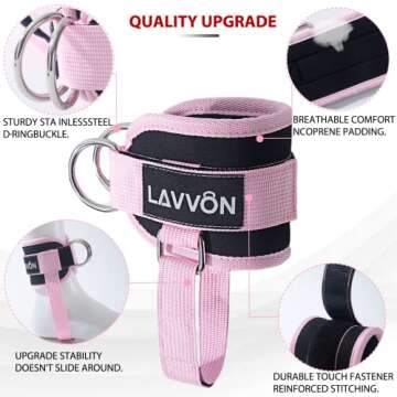 LAVVON Ankle Straps for Cable Machines Kickbacks - Adjustable Comfort Ankle Cable Attachments for Gym Ankle Cuff Cable Machine Glute Kickback Straps - Leg Extensions, Curls & Ankle Cuffs Women (Pink)