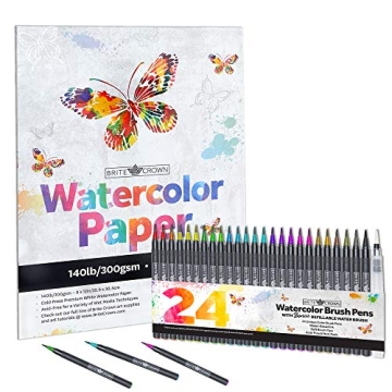 Brite Crown Watercolor Pen Set – 24 Watercolor Brush Pen Markers - Kit Includes Watercolor Paper P...