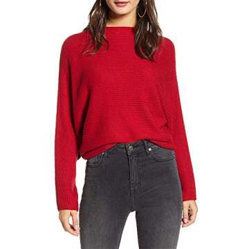 MAKARTHY Women's Batwing Sleeves Knitted Dolman Sweaters Pullovers Tops A-red
