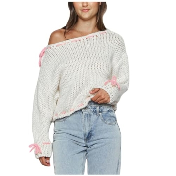 Women Cute Bow Sweater Long Sleeve Bow Front Knitted Pullover Ribbon Lace Up Cable Jumper Knitwear Going Out Top D White