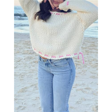 Women Cute Bow Sweater Long Sleeve Bow Front Knitted Pullover Ribbon Lace Up Cable Jumper Knitwear Going Out Top D White