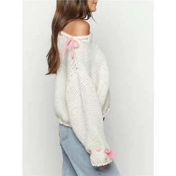 Women Cute Bow Sweater Long Sleeve Bow Front Knitted Pullover Ribbon Lace Up Cable Jumper Knitwear Going Out Top D White