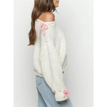 Women Cute Bow Sweater Long Sleeve Bow Front Knitted Pullover Ribbon Lace Up Cable Jumper Knitwear Going Out Top D White