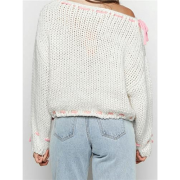 Women Cute Bow Sweater Long Sleeve Bow Front Knitted Pullover Ribbon Lace Up Cable Jumper Knitwear Going Out Top D White