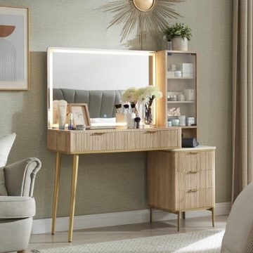 Stylish T4TREAM Fluted Makeup Vanity Desk with HD Lighted Mirror and 5 Drawers