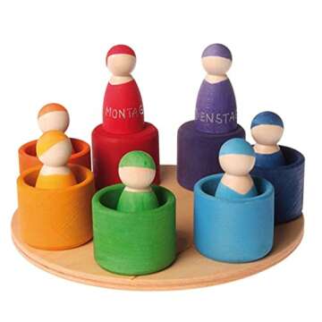 Grimm's Seven Friends in 7 Bowls: Set of Wooden Sorting & Matching Rainbow Peg Dolls with Little Cups and Tray