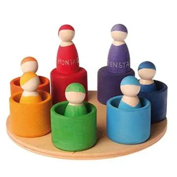 Grimm's Rainbow Peg Dolls & Cups Set for Kids