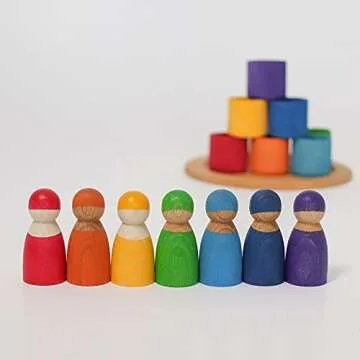 Grimm's Rainbow Peg Dolls & Cups Set for Kids