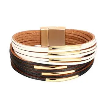 Fesciory Leather Wrap Bracelets for Women, Boho Leopard Multi-Layer Crystal Beads Cuff Bracelet Jewelry (Short White Black)