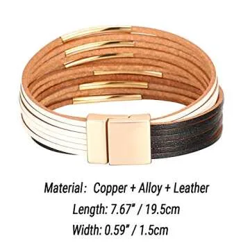 Fesciory Leather Wrap Bracelets for Women, Boho Leopard Multi-Layer Crystal Beads Cuff Bracelet Jewelry (Short White Black)