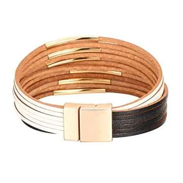 Fesciory Leather Wrap Bracelets for Women, Boho Leopard Multi-Layer Crystal Beads Cuff Bracelet Jewelry (Short White Black)