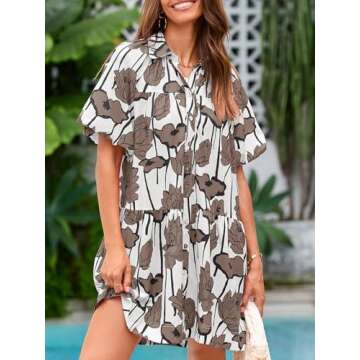 Wenrine Women's Summer Button Down Shirt Dress Floral Puff Short Sleeve Casual Loose Fit Beach Mini ...