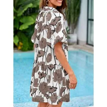 Wenrine Women's Summer Button Down Shirt Dress Floral Puff Short Sleeve Casual Loose Fit Beach Mini Dresses Brown