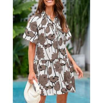 Wenrine Women's Summer Button Down Shirt Dress Floral Puff Short Sleeve Casual Loose Fit Beach Mini Dresses Brown