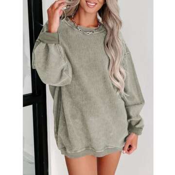 SELINK Womens Crewneck Oversized Corduroy Corded Sweatshirt Long Sleeve Casual Pullover Tops Green-X...