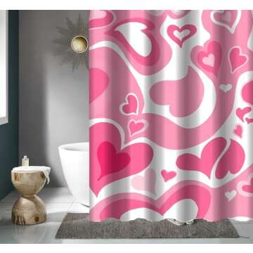 AUCAN Abstract Pink Shower Curtain 72Wx72H with Hooks - Waterproof Retro Heart Pattern for Bathroom
