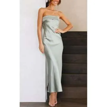 Satin Strapless Maxi Dress Elegant Hollow Out Backless Long Dresses Summer Beach Club Wear