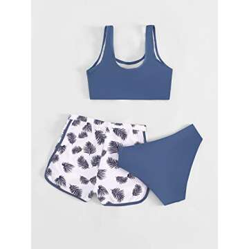 COZYEASE Girls' 3 Piece Swimsuit Tropical Print Bikini Bathing Suit with Shorts Blue and White 12-13...
