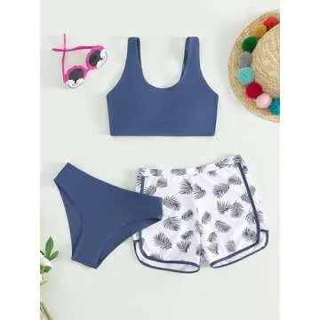 COZYEASE Girls' 3 Piece Swimsuit Tropical Print Bikini Bathing Suit with Shorts Blue and White 12-13Y