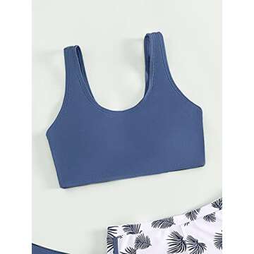 COZYEASE Girls' 3 Piece Swimsuit Tropical Print Bikini Bathing Suit with Shorts Blue and White 12-13Y