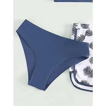 COZYEASE Girls' 3 Piece Swimsuit Tropical Print Bikini Bathing Suit with Shorts Blue and White 12-13Y