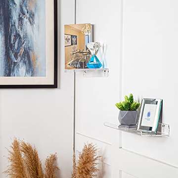Pilopgaso 15 Inch Acrylic Wall Shelf, Clear 15" Floating Shelves, Invisible Bookshelf with 5mm Thick for Kids, Display, Storage and More, Set of 4