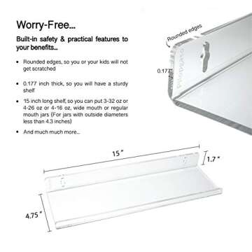 Pilopgaso 15 Inch Acrylic Wall Shelf, Clear 15" Floating Shelves, Invisible Bookshelf with 5mm Thick for Kids, Display, Storage and More, Set of 4