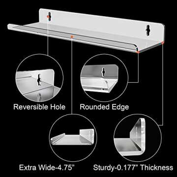 Pilopgaso 15 Inch Acrylic Wall Shelf, Clear 15" Floating Shelves, Invisible Bookshelf with 5mm Thick for Kids, Display, Storage and More, Set of 4