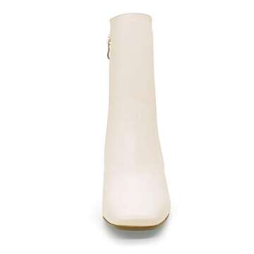 IDIFU Women's Ada Fashion Square Toe Ankle Boots Low Block Heel Short Boots Side Zipper Booties Shoes- Half Size Larger (7, Off White Pu)