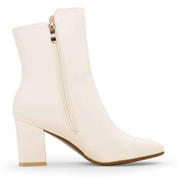IDIFU Women's Ada Fashion Square Toe Ankle Boots Low Block Heel Short Boots Side Zipper Booties Shoes- Half Size Larger (7, Off White Pu)