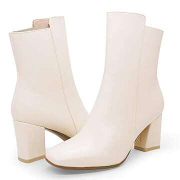 IDIFU Women's Ada Fashion Square Toe Ankle Boots Low Block Heel Short Boots Side Zipper Booties Shoes- Half Size Larger (7, Off White Pu)