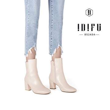 IDIFU Women's Ada Fashion Square Toe Ankle Boots Low Block Heel Short Boots Side Zipper Booties Shoes- Half Size Larger (7, Off White Pu)