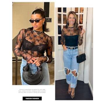 Yimoon Women's Mesh Lace Long Sleeve Layering Top Mock Neck Floral Sheer Shirt Sexy See Through Blouse(Black-M)