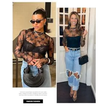 Yimoon Women's Mesh Lace Long Sleeve Layering Top Mock Neck Floral Sheer Shirt Sexy See Through Blouse(Black-M)