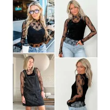 Yimoon Women's Mesh Lace Long Sleeve Layering Top Mock Neck Floral Sheer Shirt Sexy See Through Blouse(Black-M)