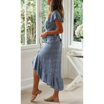 ZESICA Floral Printed Wrap V Neck Short Sleeve Maxi Dress