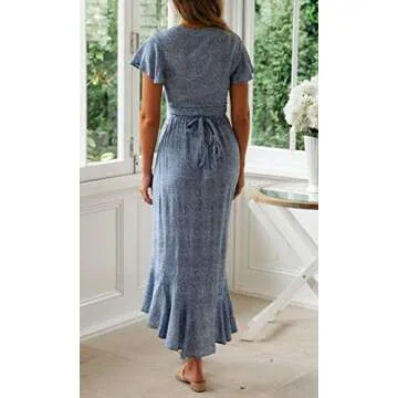 ZESICA Floral Printed Wrap V Neck Short Sleeve Maxi Dress