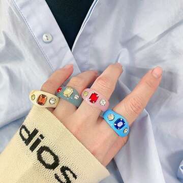 Colorful Chunky Acrylic Resin Rings,Fashion Rhinestone Band Ring for Women Stackable Statement Rings...