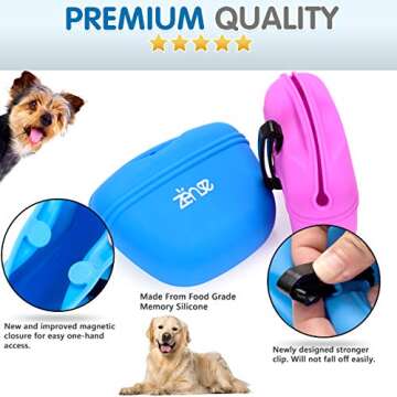 Zënse Premium 2 Dog Treat Pouch and 2 Dog Training Clicker. Magnetic Closure Opening and New Upgraded Super Strong Waist Clip. Small Portable Silicone Treat Bag. Blue and Lavender Color Bags