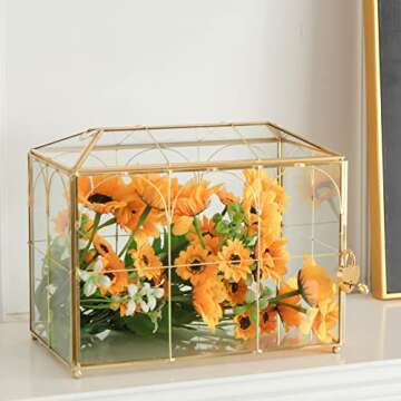 Giadun Glass Card Box with Slot, 10.2 inch Large Gold Clear Card Box for Wedding Receptions, Decorat...