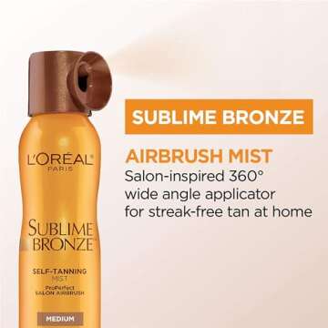 L'Oreal Paris Sublime Bronze Self Tanning Mist, Natural Glow Formula for Radiant Skin, 4.6 oz